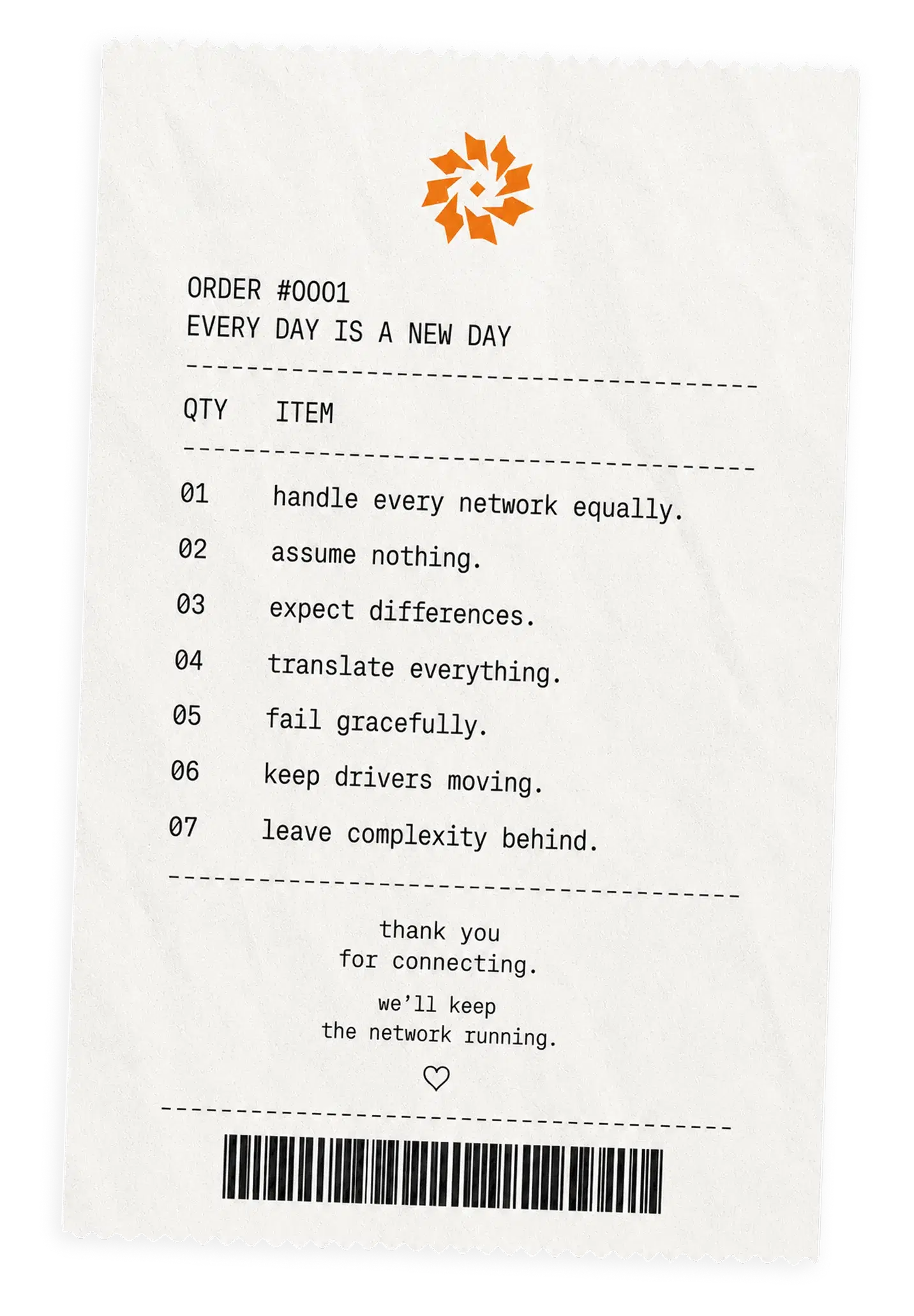 Receipt listing ChargeIndia's operating principles